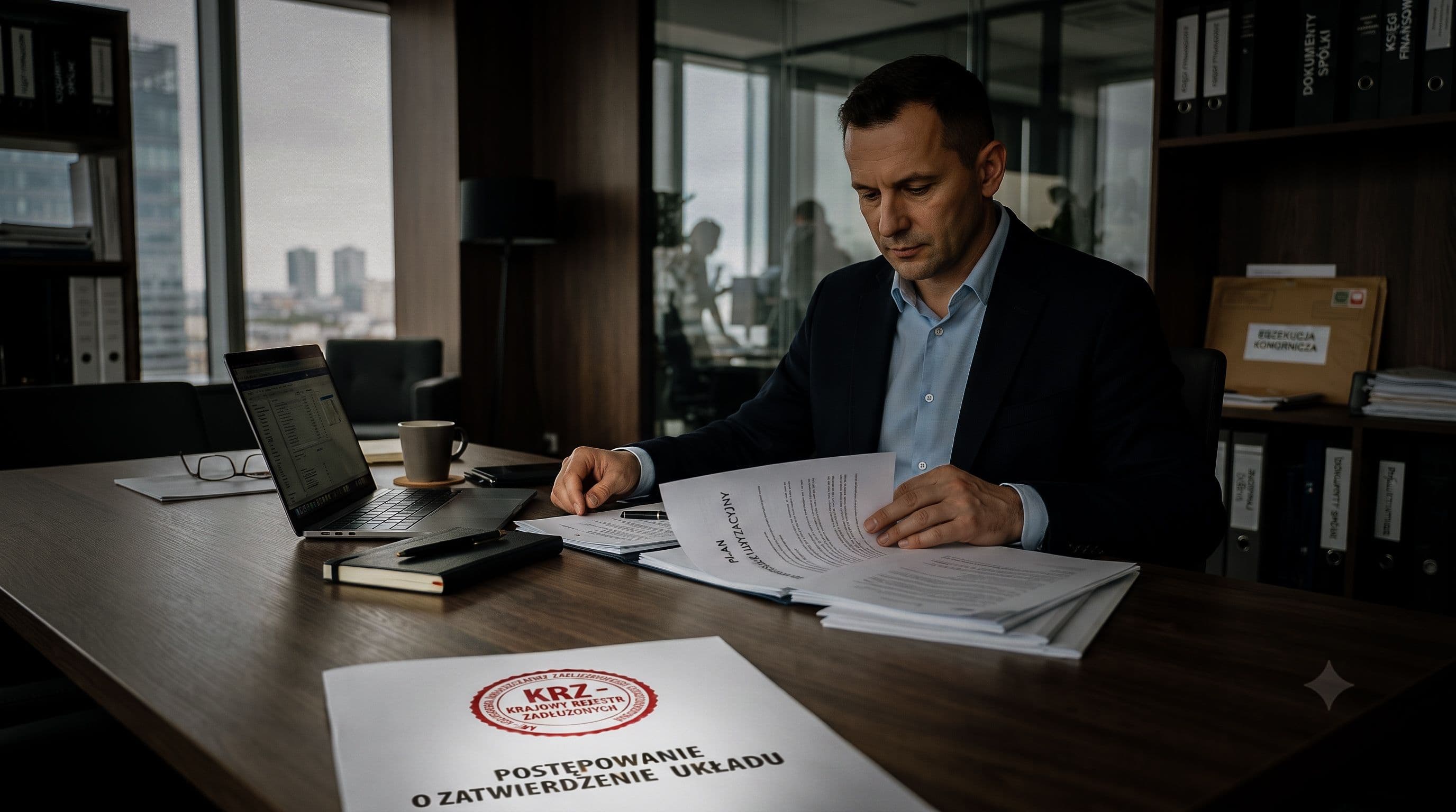 mężczyzna przegląda akta postępowania o zatwierdzenie układu. Zapoznaje się z specyfikacją postępowania i rozważa wybór.