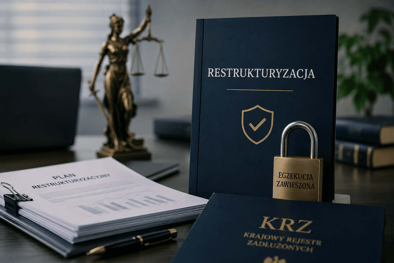 Na planie widzimy teczkę z dokumentami restrukturyzacyjnymi oraz plan restrukturyzacyjny. Przed nimi znajduje się kłódka z napisem egzekucja zawieszona symbolizująca bezpieczeństwo dla biznesu w trakcie restrukturyzacji